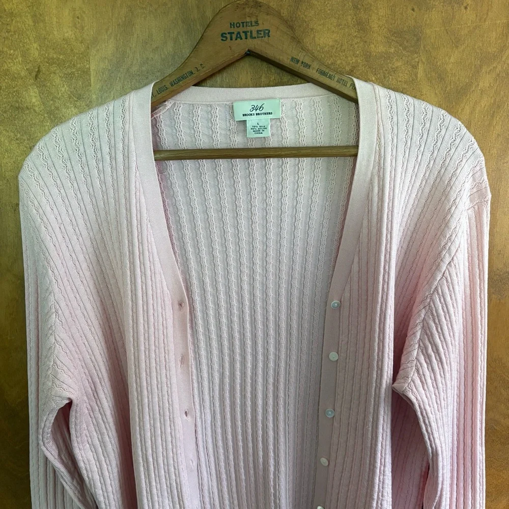 Vintage Brooks Brothers Pastel Pink Cable Knit Button Down Cardigan Silk Large - Picture 3 of 13